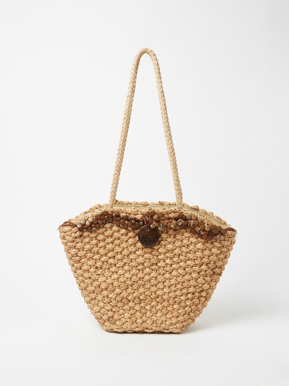 Woven Bead-Trim Tote Bag in Tan